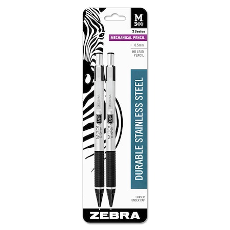 Zebra Pen M-301 Mechanical Pencil, 0.5 mm, HB (No 2.5), Black Lead, Steel/Black Accents Barrel, 2PK 54012